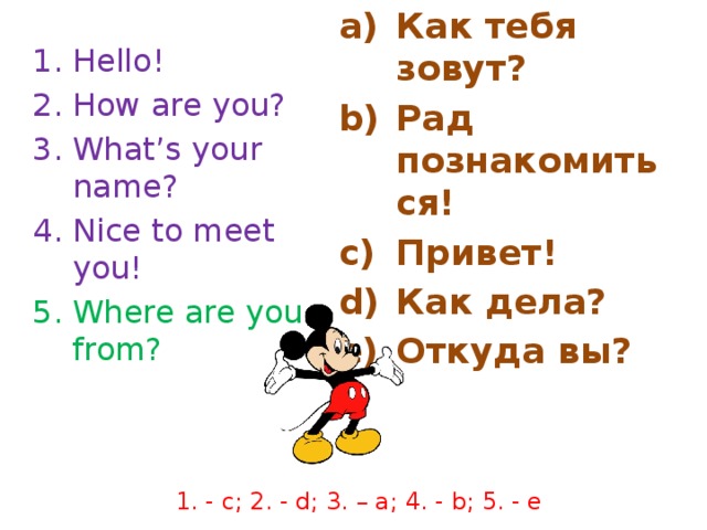 Как тебя зовут? Рад познакомиться! Привет! Как дела? Откуда вы? Hello! How are you? What’s your name? Nice to meet you! Where are you from?