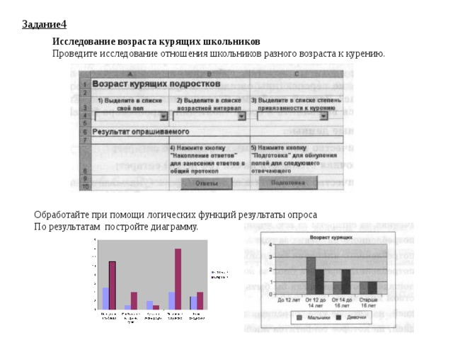 Задание4 Исследование возраста курящих школьников Проведите исследование отношения школьников разного возраста к курению. Обработайте при помощи логических функций результаты опроса По результатам постройте диаграмму. 