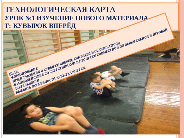  Цель:  Формирование: -представления о кувырке вперёд, как элемента акробатики; -взаимодействия со сверстниками в процессе совместной познавательной и игровой деятельности. Выявить особенности кувырка вперёд. Технологическая карта  Урок №1 Изучение нового материала  Т: Кувырок вперёд 