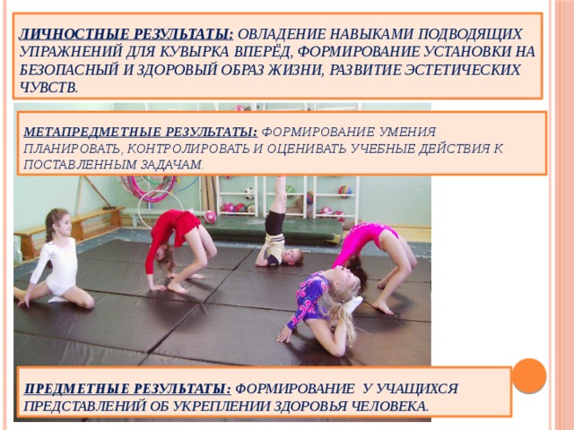 Цель  из    Личностные результаты:  овладение навыками подводящих упражнений для кувырка вперёд, формирование установки на безопасный и здоровый образ жизни, развитие эстетических чувств.  Метапредметные результаты: формирование умения планировать, контролировать и оценивать учебные действия к поставленным задачам.  Предметные результаты: формирование у учащихся представлений об укреплении здоровья человека. 