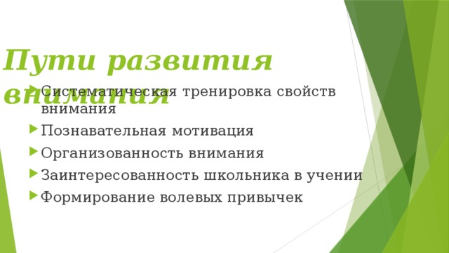 Пути развития внимания Систематическая тренировка свойств внимания Познавательная мотивация Организованность внимания Заинтересованность школьника в учении Формирование волевых привычек 