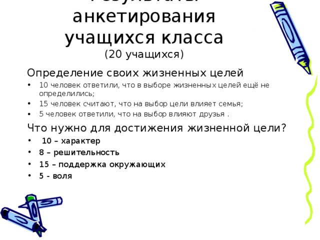Результаты анкетирования учащихся класса  (20 учащихся) Определение своих жизненных целей 10 человек ответили, что в выборе жизненных целей ещё не определились; 15 человек считают, что на выбор цели влияет семья; 5 человек ответили, что на выбор влияют друзья . Что нужно для достижения жизненной цели?  10 – характер 8 – решительность 15 – поддержка окружающих 5 - воля   