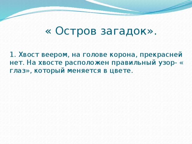  « Остров загадок».   1. Хвост веером, на голове корона, прекрасней нет. На хвосте расположен правильный узор- « глаз», который меняется в цвете.    