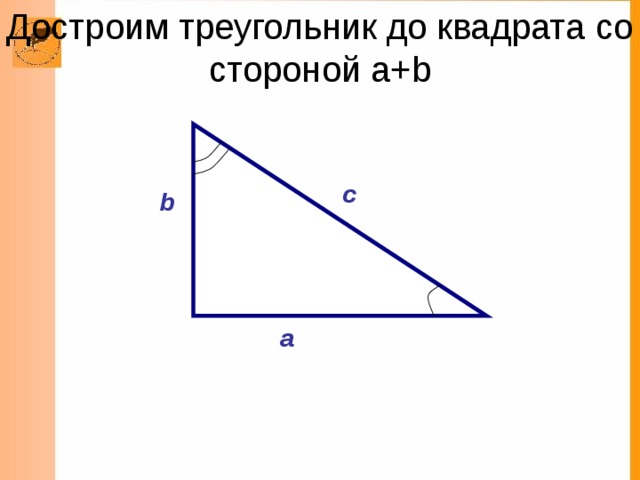 Достроим треугольник до квадрата со стороной а+ b c b a 