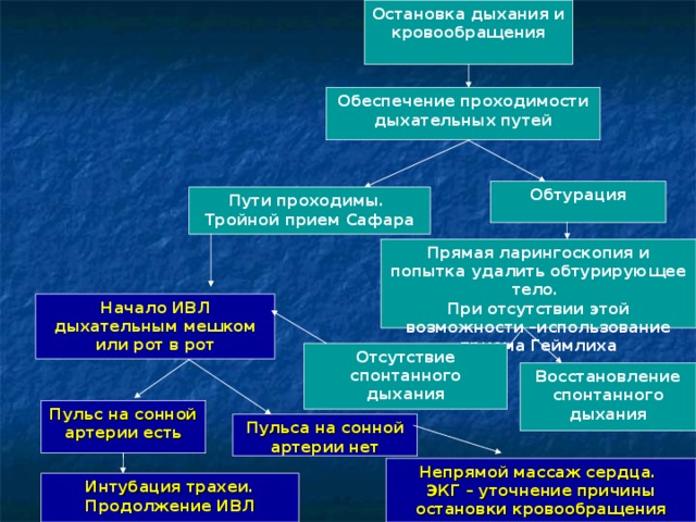 Остановка дыхания и кровообращения Обеспечение проходимости дыхательных путей Обтурация Пути проходимы. Тройной прием Сафара Прямая ларингоскопия и попытка удалить обтурирующее тело. При отсутствии этой возможности –использование приема Геймлиха Начало ИВЛ дыхательным мешком или рот в рот Отсутствие спонтанного дыхания Восстановление спонтанного дыхания Пульс на сонной артерии есть Пульса на сонной артерии нет Непрямой массаж сердца. ЭКГ – уточнение причины остановки кровообращения Интубация трахеи. Продолжение ИВЛ  