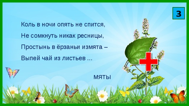 3 Коль в ночи опять не спится,  Не сомкнуть никак ресницы,  Простынь в ёрзаньи измята –  Выпей чай из листьев ... мяты 
