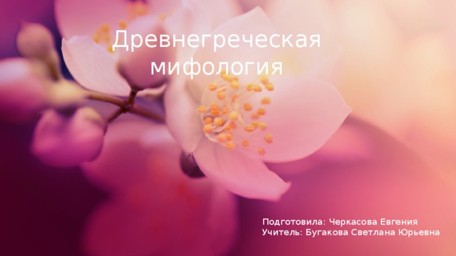 Древнегреческая мифология Подготовила: Черкасова Евгения Учитель: Бугакова Светлана Юрьевна  