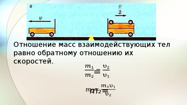 Отношение масс взаимодействующих тел равно обратному отношению их скоростей.    =   m ₂ = 