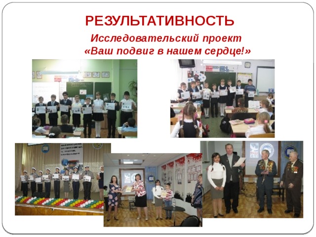 РЕЗУЛЬТАТИВНОСТЬ Исследовательский проект «Ваш подвиг в нашем сердце!» 