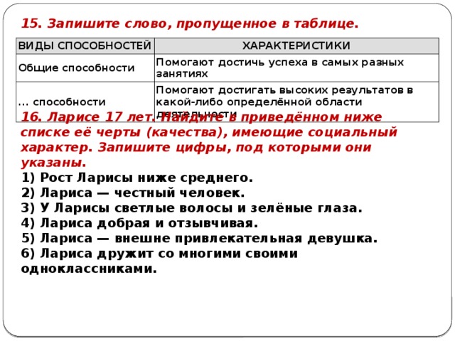 15. Запишите слово, пропущенное в таблице. ВИДЫ СПОСОБНОСТЕЙ ХАРАКТЕРИСТИКИ Общие способности Помогают достичь успеха в самых разных занятиях ... способности Помогают достигать высоких результатов в какой-либо определённой области деятельности 16. Ларисе 17 лет. Найдите в приведённом ниже списке её черты (качества), имеющие социальный характер. Запишите цифры, под которыми они указаны. 1) Рост Ларисы ниже среднего. 2) Лариса — честный человек. 3) У Ларисы светлые волосы и зелёные глаза. 4) Лариса добрая и отзывчивая. 5) Лариса — внешне привлекательная девушка. 6) Лариса дружит со многими своими одноклассниками. 