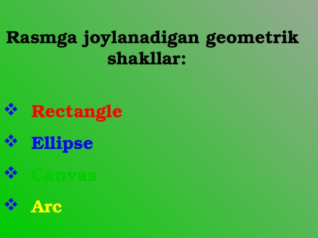 Rasmga joylanadigan geometrik shakllar:     Rectangle  Ellipse   Canvas  Arc  