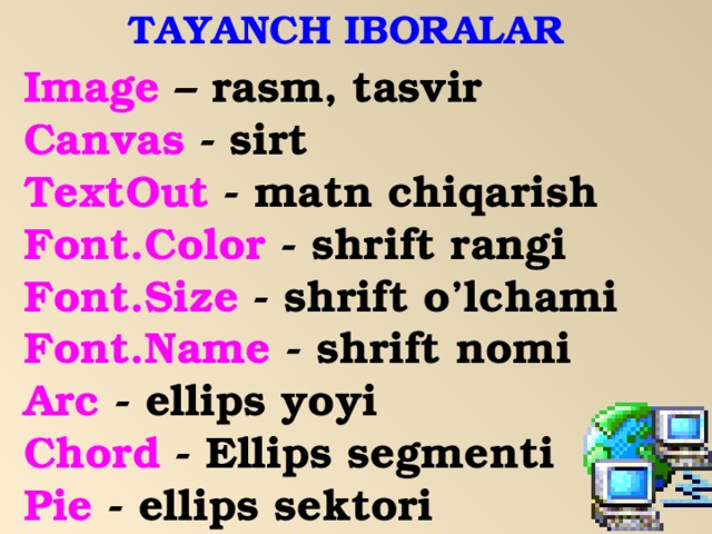 TAYANCH IBORALAR Image – rasm, tasvir Canvas - sirt TextOut - matn chiqarish Font.Color - shrift rangi Font.Size - shrift o’lchami Font.Name - shrift nomi Arc - ellips yoyi Chord - Ellips segmenti Pie - ellips sektori 