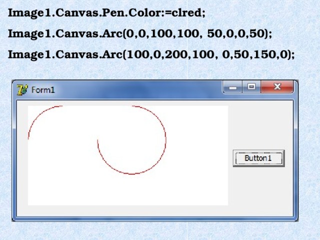Image1.Canvas.Pen.Color:=clred; Image1.Canvas.Arc(0,0,100,100, 50,0,0,50); Image1.Canvas.Arc(100,0,200,100, 0,50,150,0); 