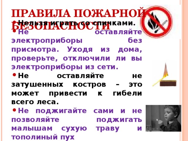 ПРАВИЛА ПОЖАРНОЙ БЕЗОПАСНОСТИ Нельзя играть со спичками. Не оставляйте электроприборы без присмотра. Уходя из дома, проверьте, отключили ли вы электроприборы из сети. Не оставляйте не затушенных костров – это может привести к гибели всего леса. Не поджигайте сами и не позволяйте поджигать малышам сухую траву и тополиный пух 