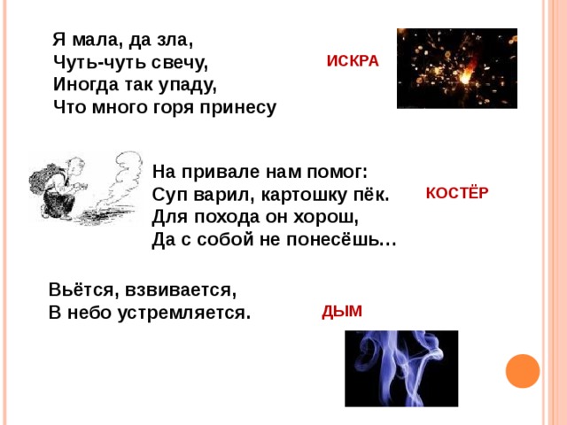 Я мала, да зла, Чуть-чуть свечу, Иногда так упаду, Что много горя принесу ИСКРА На привале нам помог: Суп варил, картошку пёк. Для похода он хорош, Да с собой не понесёшь… КОСТЁР Вьётся, взвивается, В небо устремляется. ДЫМ 