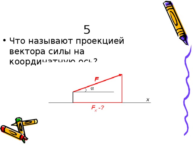 5 Что н аз ы в а ют  про е к ц ией  в е к то ра  с и л ы  на к оо р д ин а тн у ю  о с ь? 