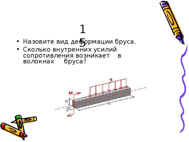 15 Н а з ов и те в и д  д е ф о р м а ц и и  б р у с а . Сколь к о  вн у т р е нни х  ус и л и й  с оп р о тивл ени я во зн и к а е т  в  вол о к н а х  бр у с а ? 