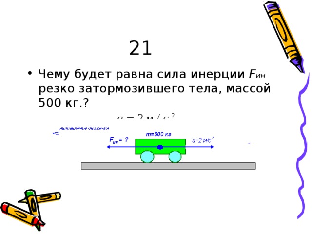 21 Ч ем у  б у де т  р а в н а  с и ла  и не рции  F ин  р е зко з ат о р м о з и вш е го те ла,  м асс о й  5 00  кг.? а    2 м  /  с  2 