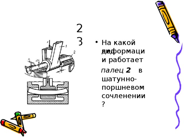 23 На  как о й в и д д е ф о р м ац и и  р аб о т а е т пал е ц  2  в ш а ту н н о -  п о рш н е в ом с о чле нен ии ? 