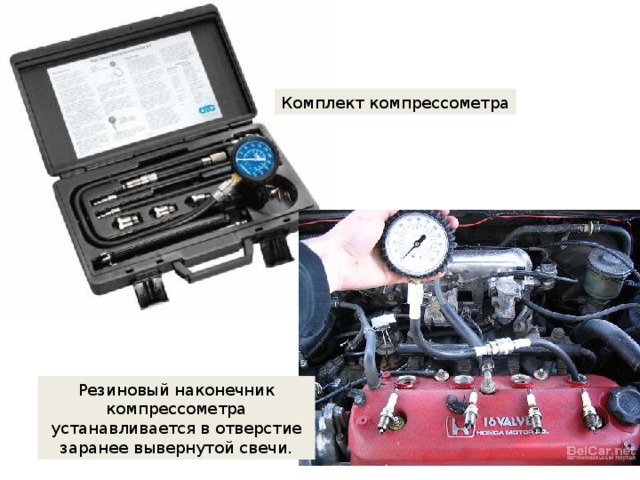 Комплект компрессометра Резиновый наконечник компрессометра устанавливается в отверстие заранее вывернутой свечи. 