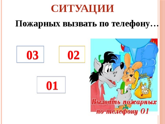 СИТУАЦИИ Пожарных вызвать по телефону…  03  02  01 