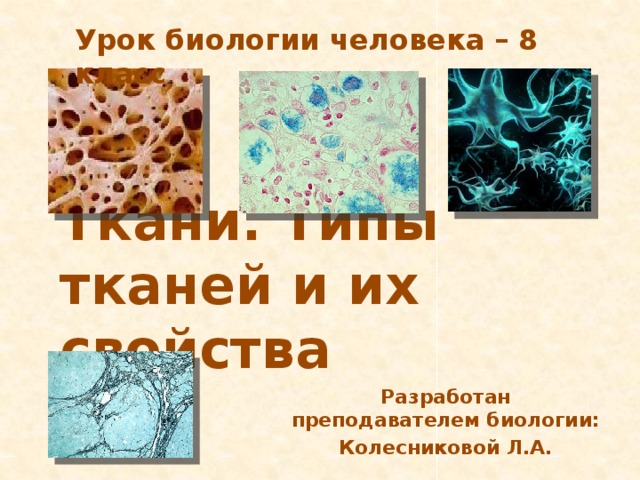 Урок биологии человека – 8 класс Ткани. Типы тканей и их свойства Разработан преподавателем биологии: Колесниковой Л.А. 