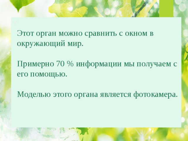  Этот орган можно сравнить с окном в окружающий мир.   Примерно 70 % информации мы получаем с его помощью.   Моделью этого органа является фотокамера.     