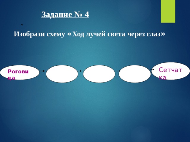      Задание № 4     Изобрази схему « Ход лучей света через глаз » Сетчатка Роговица о 