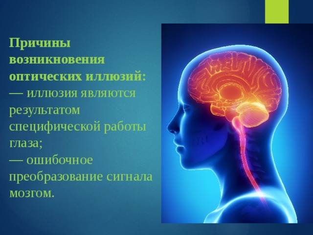Причины возникновения оптических иллюзий: — иллюзия являются результатом специфической работы глаза; — ошибочное преобразование сигнала мозгом. 