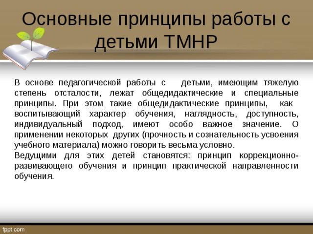 Основные принципы работы с детьми ТМНР В основе педагогической работы с детьми, имеющим тяжелую степень отсталости, лежат общедидактические и специальные принципы. При этом такие общедидактические принципы, как воспитывающий характер обучения, наглядность, доступность, индивидуальный подход, имеют особо важное значение. О применении некоторых других (прочность и сознательность усвоения учебного материала) можно говорить весьма условно. Ведущими для этих детей становятся: принцип коррекционно-развивающего обучения и принцип практической направленности обучения. 