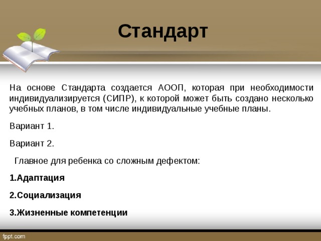   Стандарт   На основе Стандарта создается АООП, которая при необходимости индивидуализируется (СИПР), к которой может быть создано несколько учебных планов, в том числе индивидуальные учебные планы. Вариант 1. Вариант 2.  Главное для ребенка со сложным дефектом: Адаптация Социализация Жизненные компетенции  