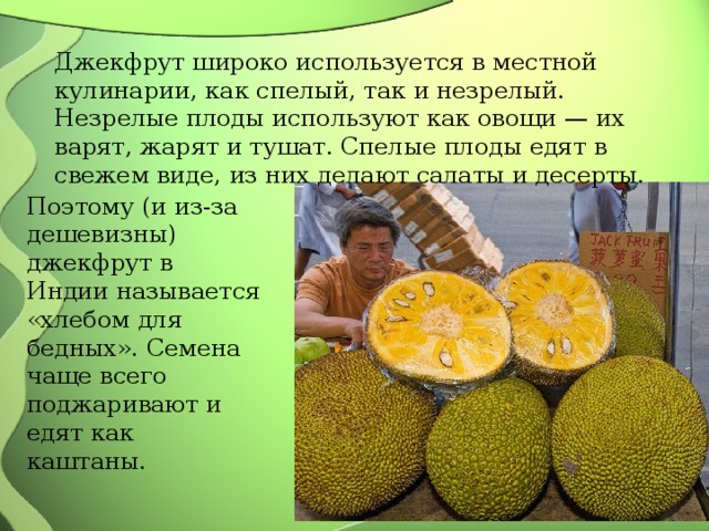 Джекфрут широко используется в местной кулинарии, как спелый, так и незрелый. Незрелые плоды используют как овощи — их варят, жарят и тушат. Спелые плоды едят в свежем виде, из них делают салаты и десерты. Поэтому (и из-за дешевизны) джекфрут в Индии называется «хлебом для бедных». Семена чаще всего поджаривают и едят как каштаны. 