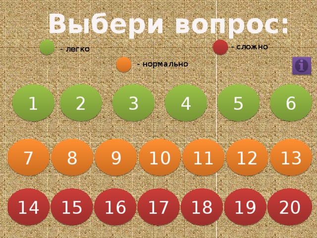 Выбери вопрос: - сложно - легко - нормально 1 2 3 4 5 6 8 7 10 11 12 13 9 18 20 19 17 16 15 14 