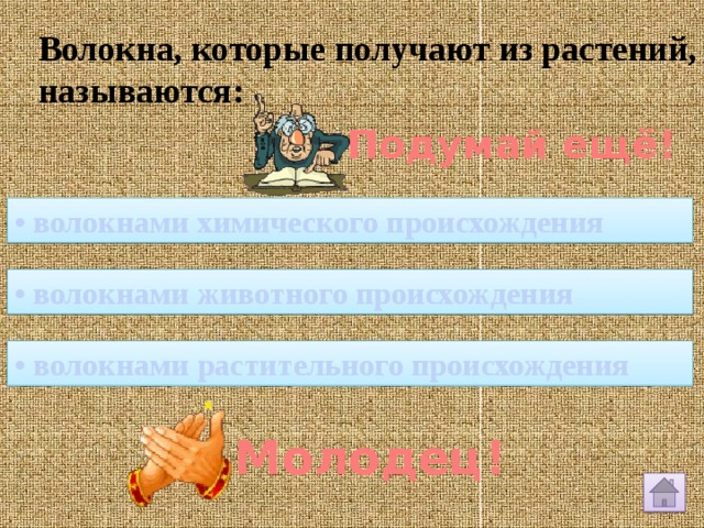 Волокна, которые получают из растений, называются: Подумай ещё! • волокнами химического происхождения • волокнами животного происхождения • волокнами растительного происхождения Молодец! 