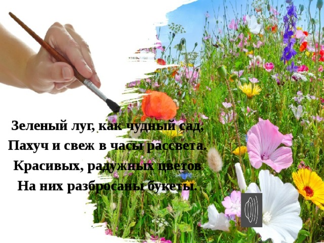Зеленый луг, как чудный сад, Пахуч и свеж в часы рассвета. Красивых, радужных цветов На них разбросаны букеты.  