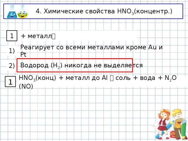 4. Химические свойства HNO 3 (концентр.) + металл  1 Реагирует со всеми металлами кроме Au и Pt 1) Водород (Н 2 ) никогда не выделяется 2) HNO 3 (конц) + металл до Al  соль + вода + N 2 O (NO) 1 