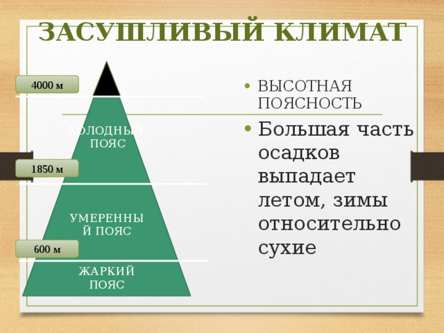 ЗАСУШЛИВЫЙ КЛИМАТ УМЕРЕННЫЙ ПОЯС ЖАРКИЙ ПОЯС ВЫСОТНАЯ ПОЯСНОСТЬ Большая часть осадков выпадает летом, зимы относительно сухие 4000 м ХОЛОДНЫЙ ПОЯС 1850 м 600 м 
