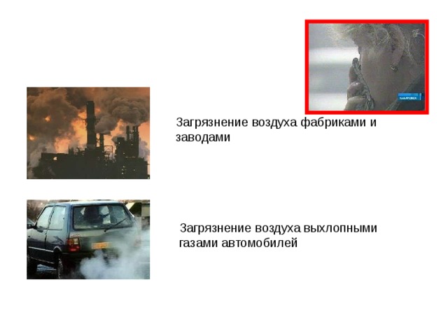 Загрязнение воздуха фабриками и заводами Загрязнение воздуха выхлопными газами автомобилей 