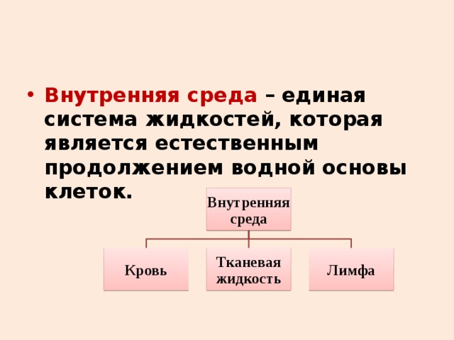 Внутренняя среда – единая система жидкостей, которая является естественным продолжением водной основы клеток. Внутренняя среда Кровь Тканевая жидкость Лимфа 