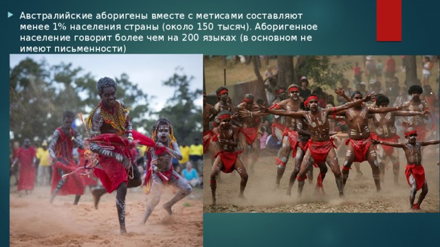 Австралийские аборигены вместе с метисами составляют менее 1% населения страны (около 150 тысяч). Аборигенное население говорит более чем на 200 языках (в основном не имеют письменности) 