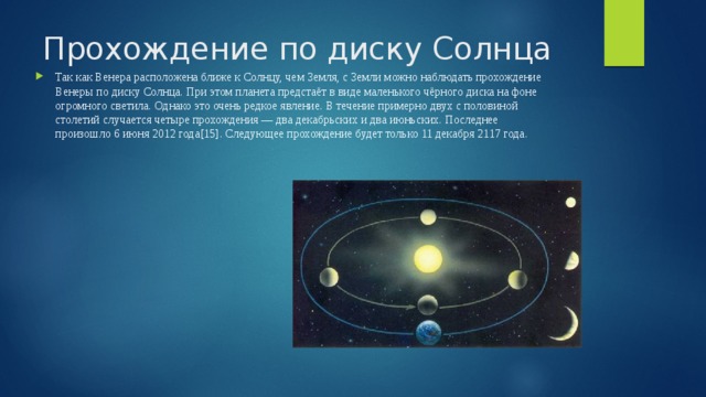 Прохождение по диску Солнца Так как Венера расположена ближе к Солнцу, чем Земля, с Земли можно наблюдать прохождение Венеры по диску Солнца. При этом планета предстаёт в виде маленького чёрного диска на фоне огромного светила. Однако это очень редкое явление. В течение примерно двух с половиной столетий случается четыре прохождения — два декабрьских и два июньских. Последнее произошло 6 июня 2012 года[15]. Следующее прохождение будет только 11 декабря 2117 года. 