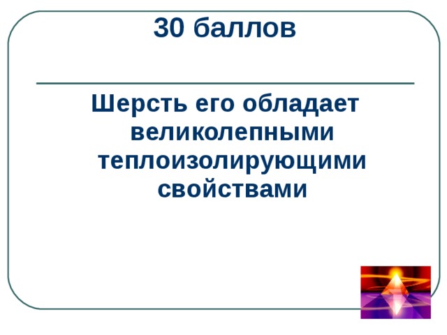 30 баллов  Шерсть его обладает великолепными теплоизолирующими свойствами 
