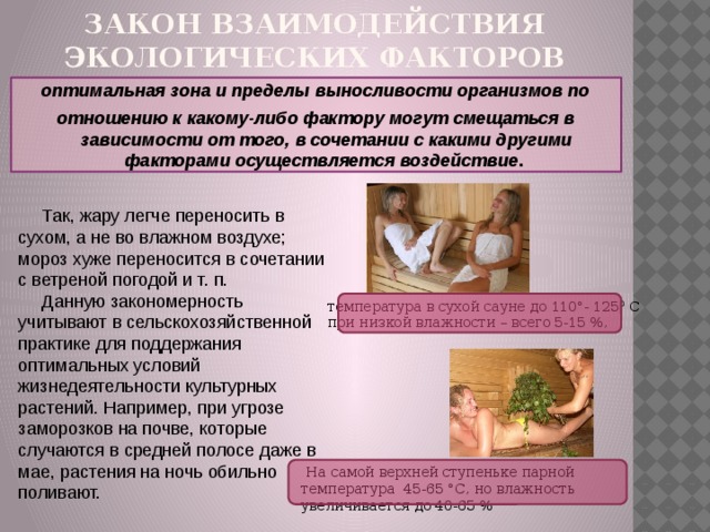 Закон взаимодействия экологических факторов оптимальная зона и пределы выносливости организмов по отношению к какому-либо фактору могут смещаться в зависимости от того, в сочетании с какими другими факторами осуществляется воздействие . Так, жару легче переносить в сухом, а не во влажном воздухе; мороз хуже переносится в сочетании с ветреной погодой и т. п. Данную закономерность учитывают в сельскохозяйственной практике для поддержания оптимальных условий жизнедеятельности культурных растений. Например, при угрозе заморозков на почве, которые случаются в средней полосе даже в мае, растения на ночь обильно поливают. температура в сухой сауне до 110°- 125 0 С при низкой влажности – всего 5-15 %,  На самой верхней ступеньке парной температура 45-65 °С, но влажность увеличивается до 40-65 % 