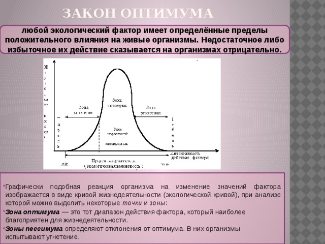 Закон оптимума любой экологический фактор имеет определённые пределы положительного влияния на живые организмы.  Недостаточное либо избыточное их действие сказывается на организмах отрицательно.  Графически подобная реакция организма на изменение значений фактора изображается в виде кривой жизнедеятельности (экологической кривой), при анализе которой можно выделить некоторые точки и зоны : Зона оптимума  — это тот диапазон действия фактора, который наиболее благоприятен для жизнедеятельности. Зоны пессимума определяют отклонения от оптимума. В них организмы испытывают угнетение.  