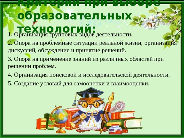 Критерии при выборе образовательных технологий: 1. Организация групповых видов деятельности. 2. Опора на проблемные ситуации реальной жизни, организация дискуссий, обсуждение и принятие решений. 3. Опора на применение знаний из различных областей при решении проблем. 4. Организация поисковой и исследовательской деятельности. 5. Создание условий для самооценки и взаимооценки. 