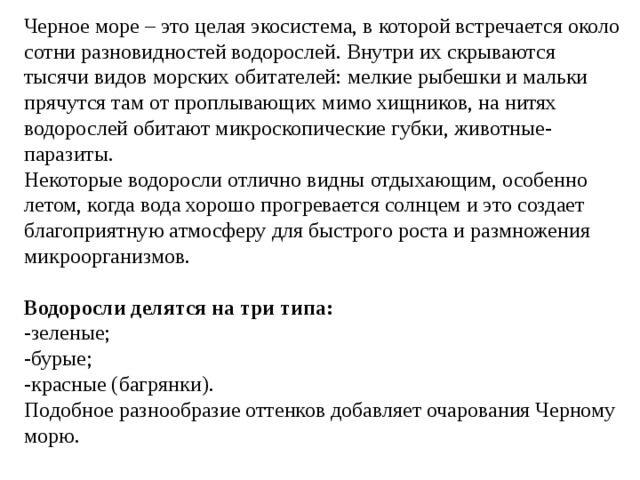 Черное море – это целая экосистема, в которой встречается около сотни разновидностей водорослей. Внутри их скрываются тысячи видов морских обитателей: мелкие рыбешки и мальки прячутся там от проплывающих мимо хищников, на нитях водорослей обитают микроскопические губки, животные-паразиты. Некоторые водоросли отлично видны отдыхающим, особенно летом, когда вода хорошо прогревается солнцем и это создает благоприятную атмосферу для быстрого роста и размножения микроорганизмов.  Водоросли делятся на три типа: -зеленые; -бурые; -красные (багрянки). Подобное разнообразие оттенков добавляет очарования Черному морю. 