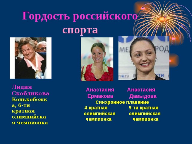 Гордость российского спорта    Анастасия Анастасия Ермакова  Давыдова Синхронное плавание 4-кратная 5-ти кратная олимпийская олимпийская чемпионка чемпионка   Лидия Скобликова Конькобежка, 6-ти кратная олимпийская чемпионка 