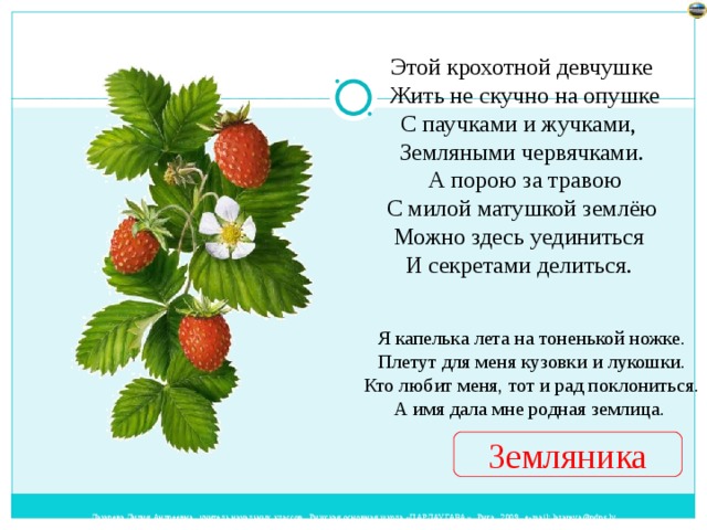 Этой крохотной девчушке  Жить не скучно на опушке С паучками и жучками, Земляными червячками.  А порою за травою  С милой матушкой землёю Можно здесь уединиться И секретами делиться. Я капелька лета на тоненькой ножке.  Плетут для меня кузовки и лукошки.  Кто любит меня, тот и рад поклониться.  А имя дала мне родная землица. Земляника 