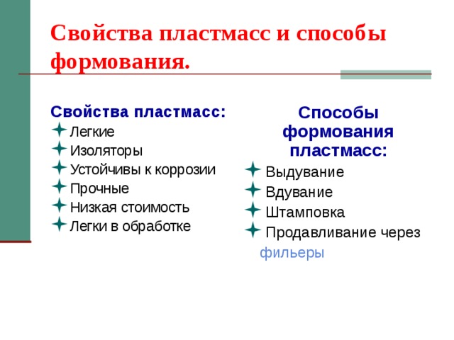 Свойства пластмасс и способы формования. Свойства пластмасс: Способы формования пластмасс: Легкие Изоляторы Устойчивы к коррозии Прочные Низкая стоимость Легки в обработке Выдувание Вдувание Штамповка Продавливание через  фильеры 