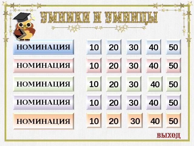 20 НОМИНАЦИЯ 10 50 40 30 30 40 20 НОМИНАЦИЯ 10 50 10 50 40 30 номинация 20 50 40 30 20 10 НОМИНАЦИЯ 10 номинация 50 40 30 20  